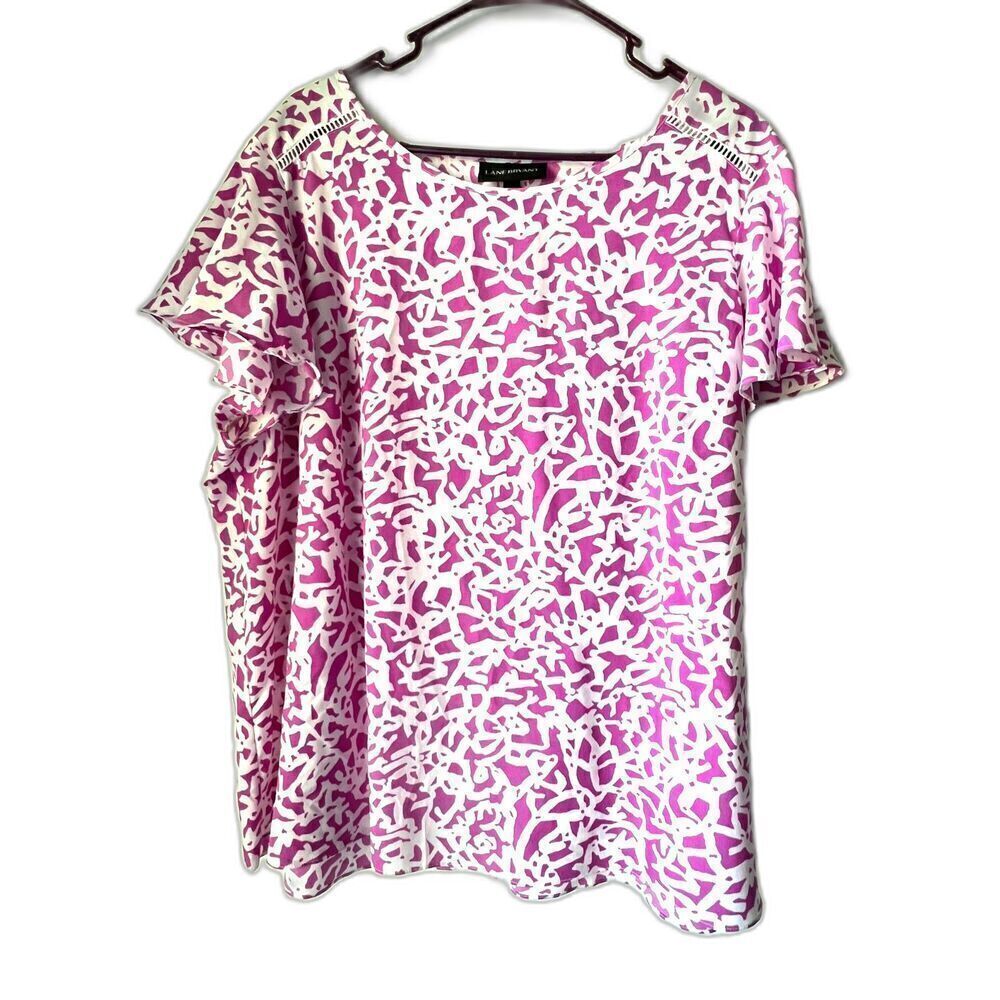 Women pink  white abstract casual print laticce romantic trim top plus size 20